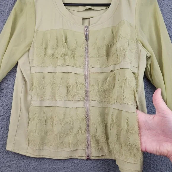 Women's Lime Green Sheer Coquette Ruffle Zip Up Blouse Small Romantic Layered - Picture 6 of 10